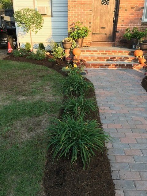 A brick pathway leads to a home's front door. Landscaped with green plants, grass, and brick steps.