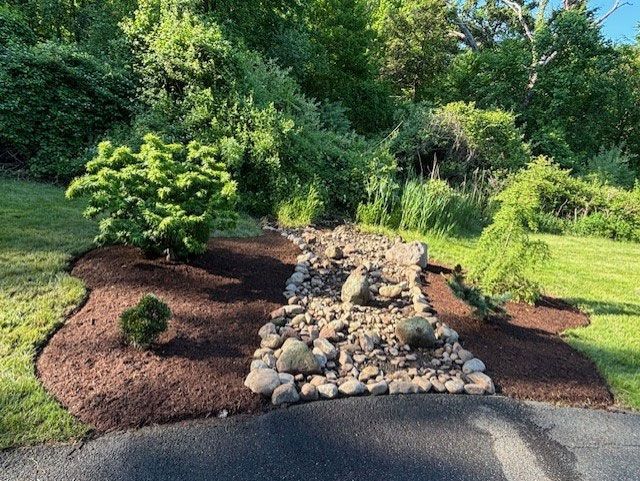 A landscaped yard with a dry riverbed made of rocks. Mulch, plants, and green foliage are present.