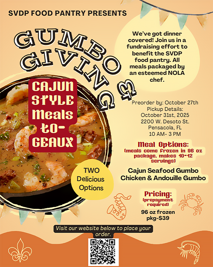 Flyer for a Gumbo Giving fundraiser. Offers Cajun style meals to go for SVDP Food Pantry.