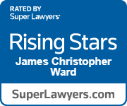 Super Lawyers Rising Stars badge for James Christopher Ward on blue background