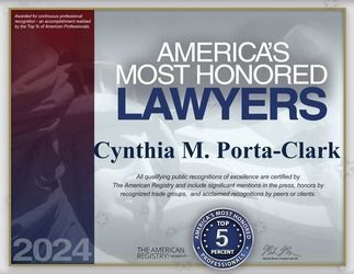 Certificate for Cynthia M. Porta-Clark, America's Most Honored Lawyers 2024, with gold seal and burgundy side panel