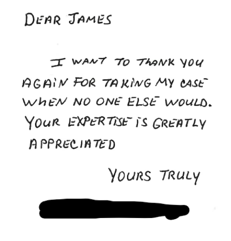 Handwritten thank-you note on white paper, addressed to James, praising his expertise and help during a case.