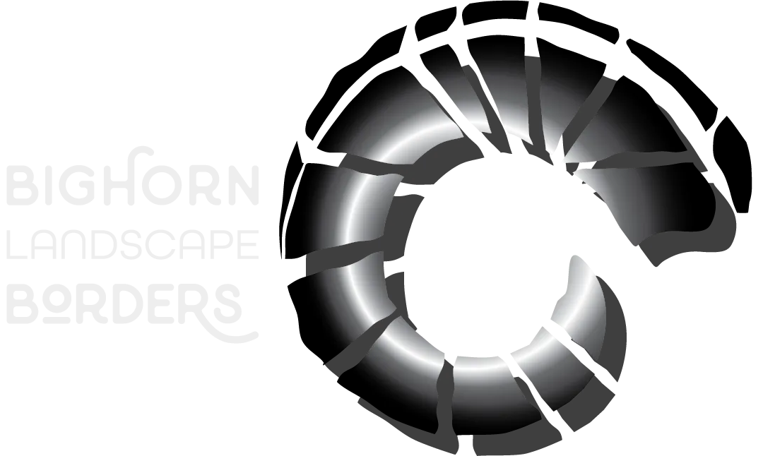 Black and white circular logo with segmented ring and faint text reading &ldquo;BIGHORN LANDSCAPING BORDERS&rdquo;