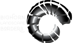 Black and white circular logo with segmented ring and faint text reading &ldquo;BIGHORN LANDSCAPING BORDERS&rdquo;