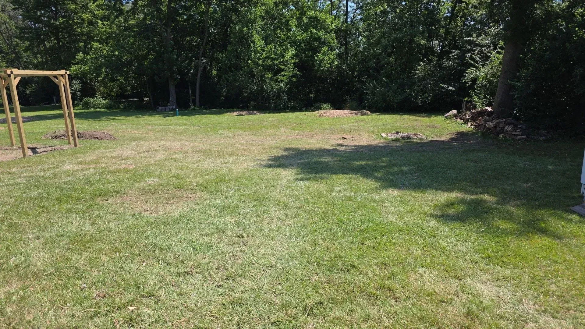 Grassy backyard with trees, a wooden frame on the left, and a small fire pit area on the right.