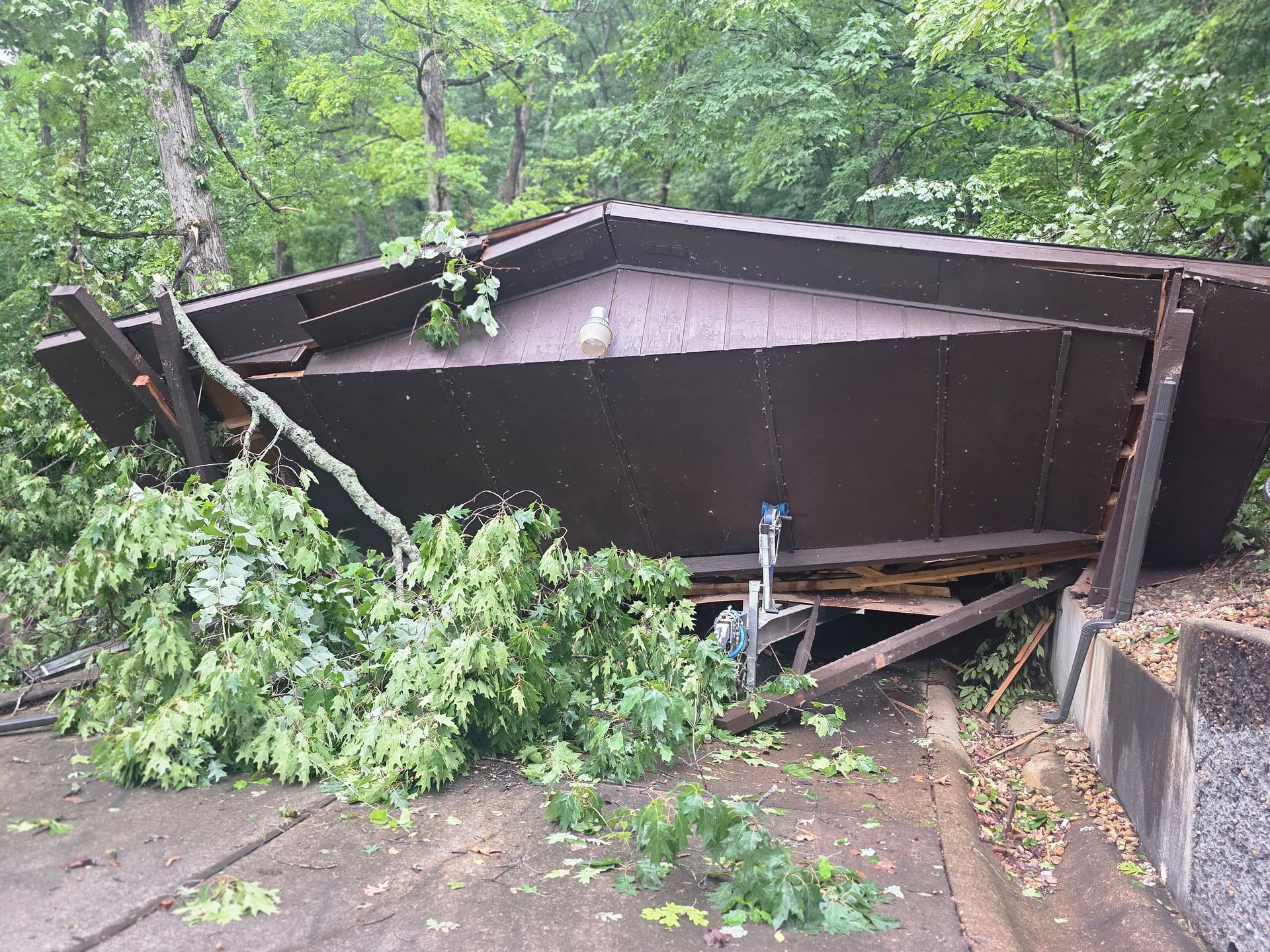Collapsed brown shed amid fallen tree branches in a wooded area