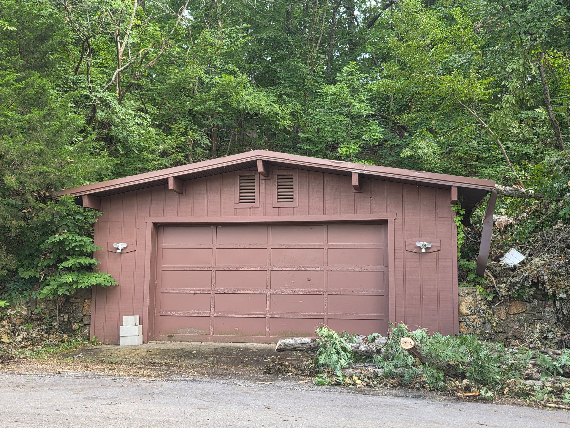 Brown garage with a double door nestled among green trees and shrubs