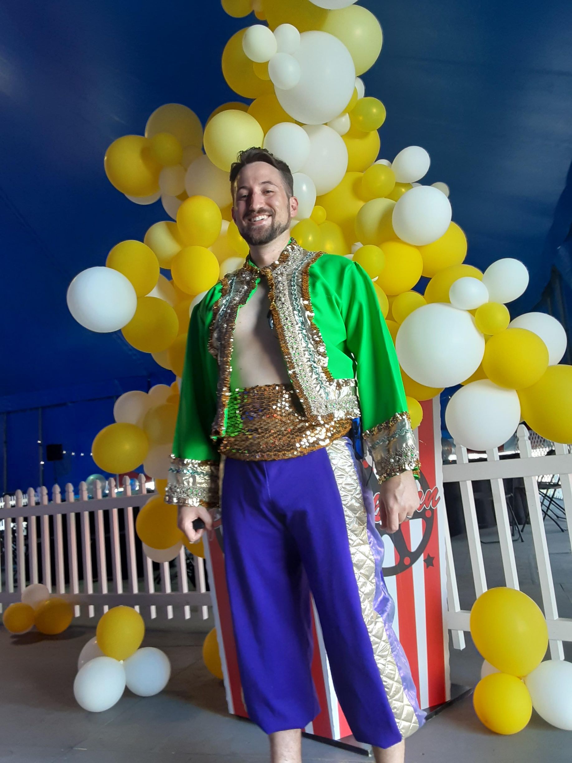 green and blue costume