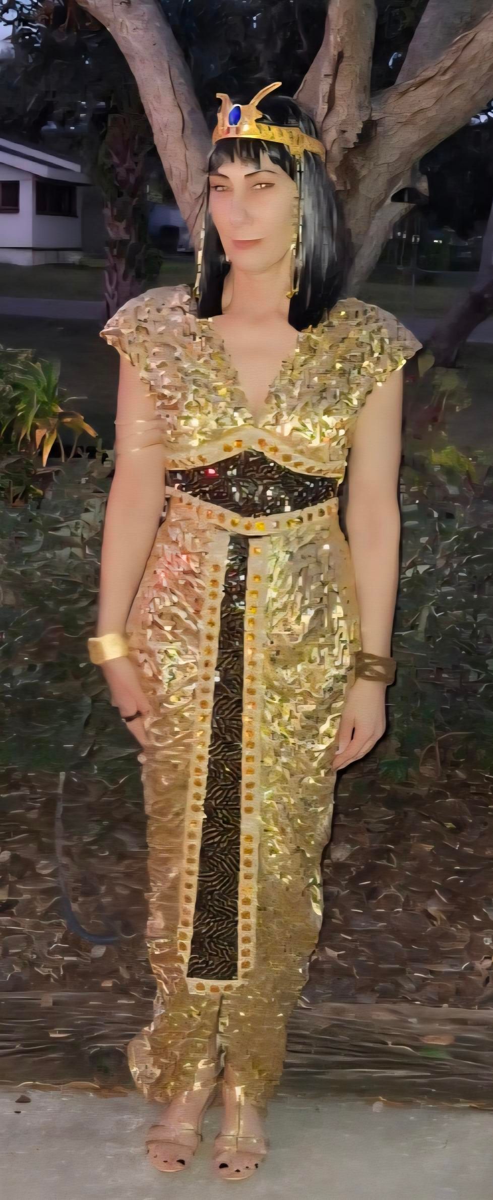 Person dressed in a golden Cleopatra costume stands outside at dusk