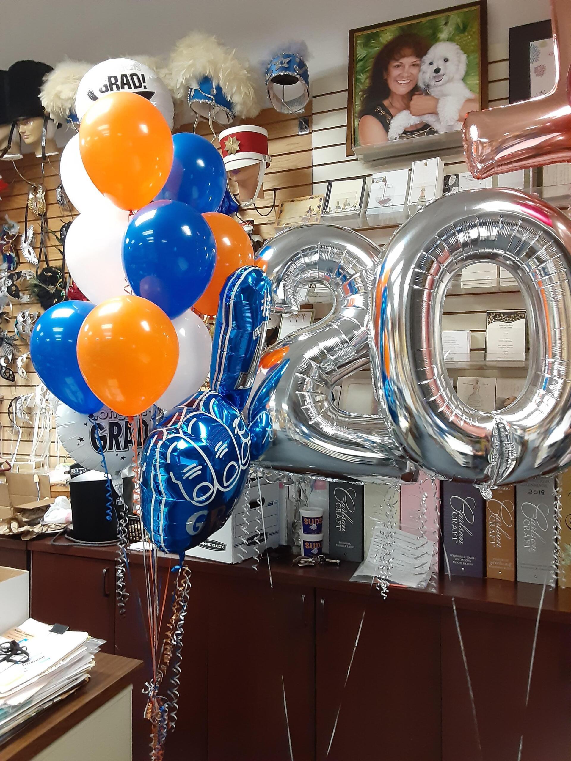 20 silver blue and orange balloons
