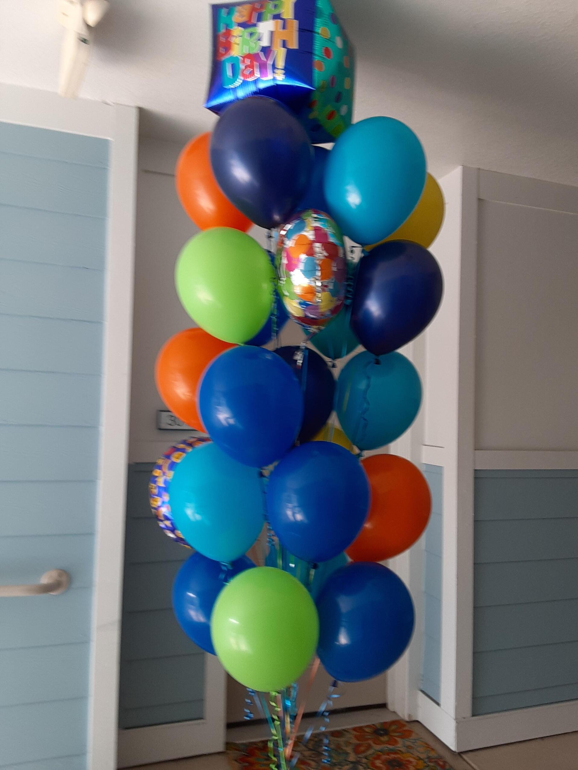 blue green orange birthday balloons