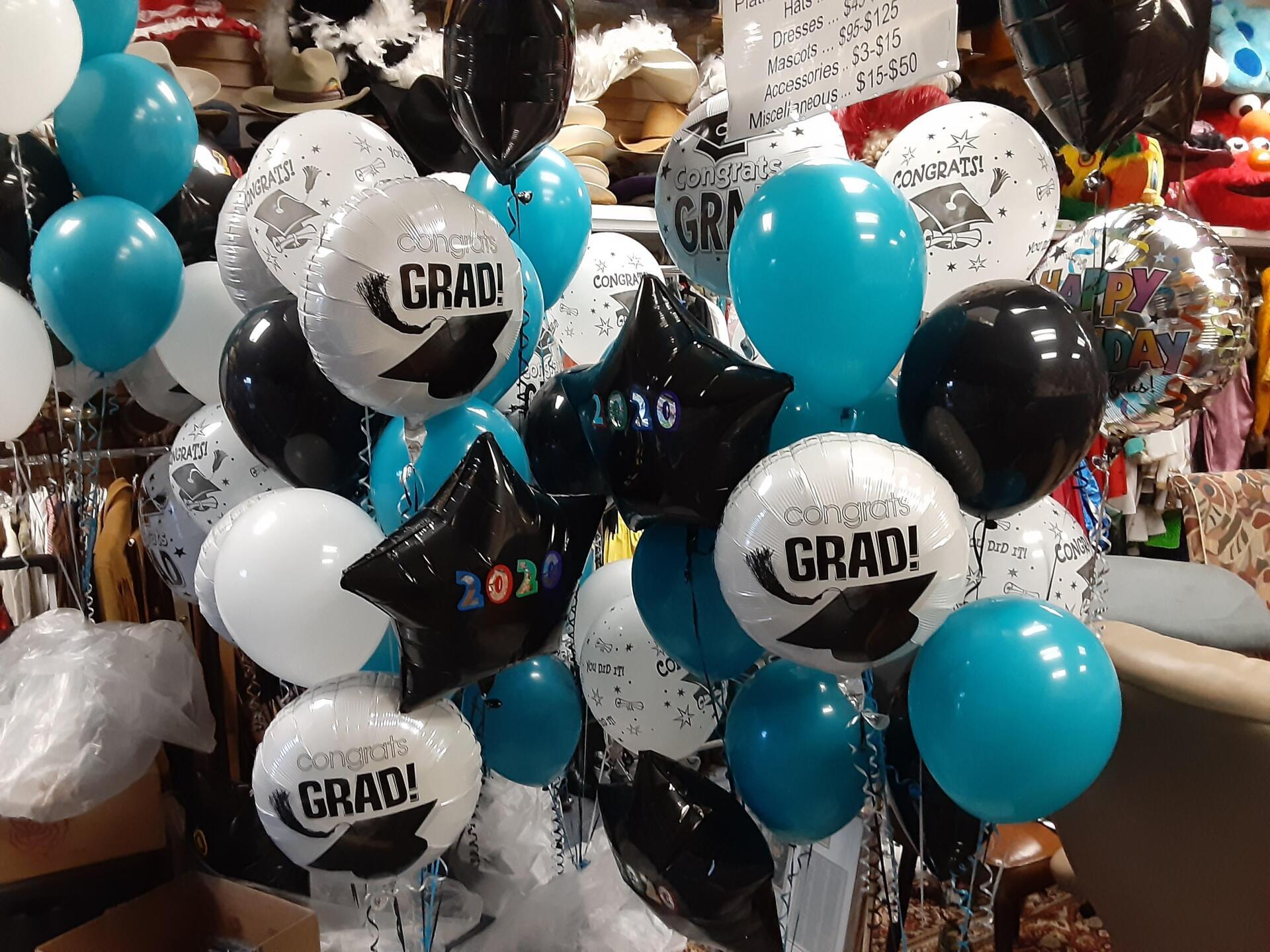 blue white and black congrats grad balloons