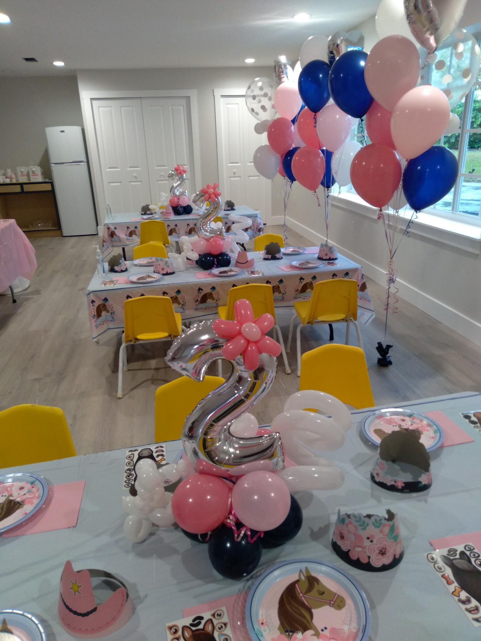 A room with tables and chairs decorated for a birthday party