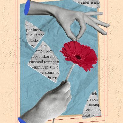 Two disembodied hands pull the petals off a vibrant flower as pieces of typed text float in the picture.