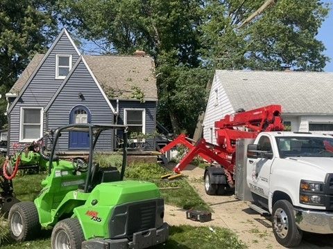 tree removal equipment in front of house