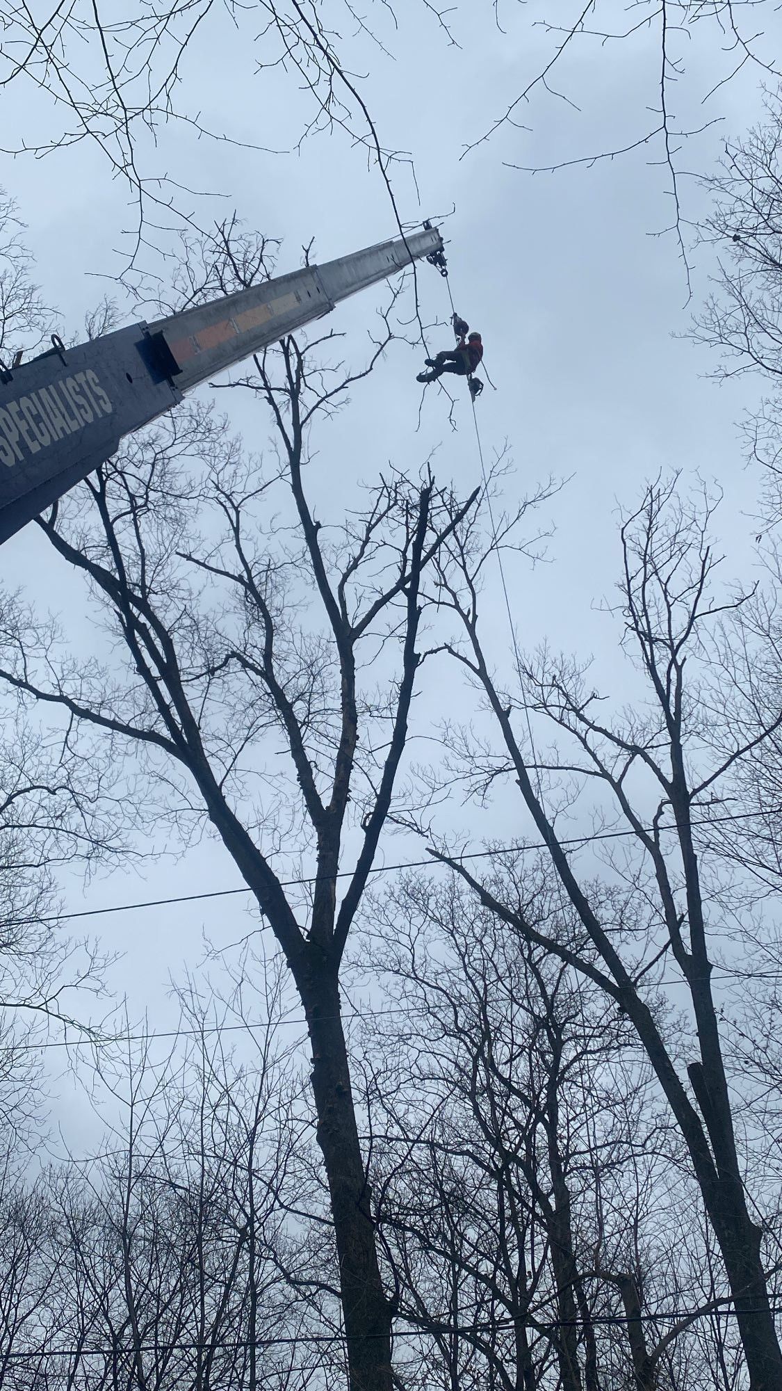 crew hanging from crane