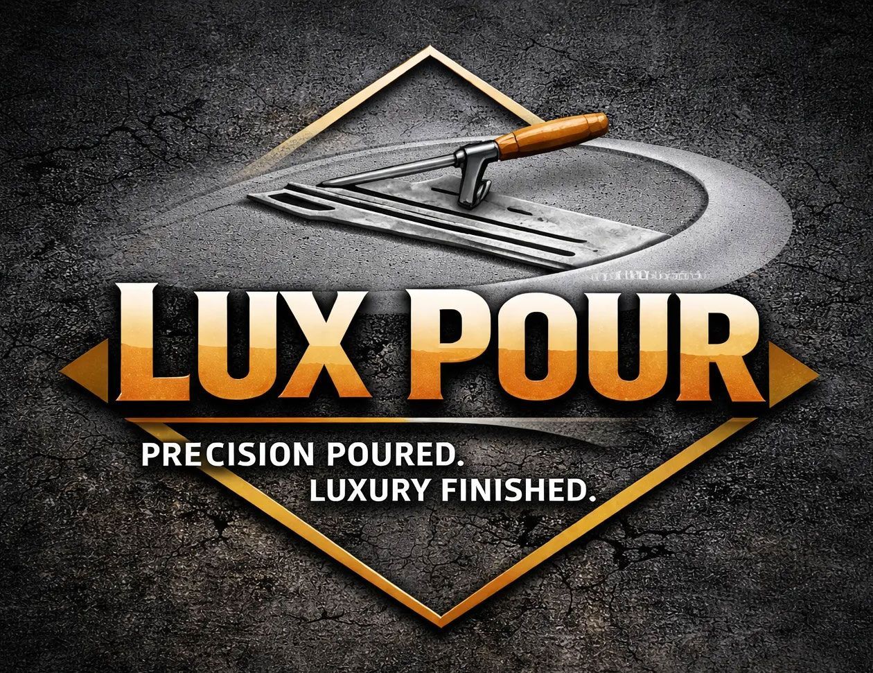 Logo for "Lux Pour" with a concrete trowel icon, text "Precision poured. Luxury finished," set against a textured background.