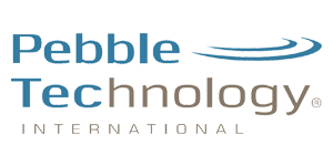 Logo for Pebble Technology International, with a blue and brown color scheme, and a stylized wave graphic.