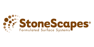 StoneScapes logo with brown text and a dotted design.