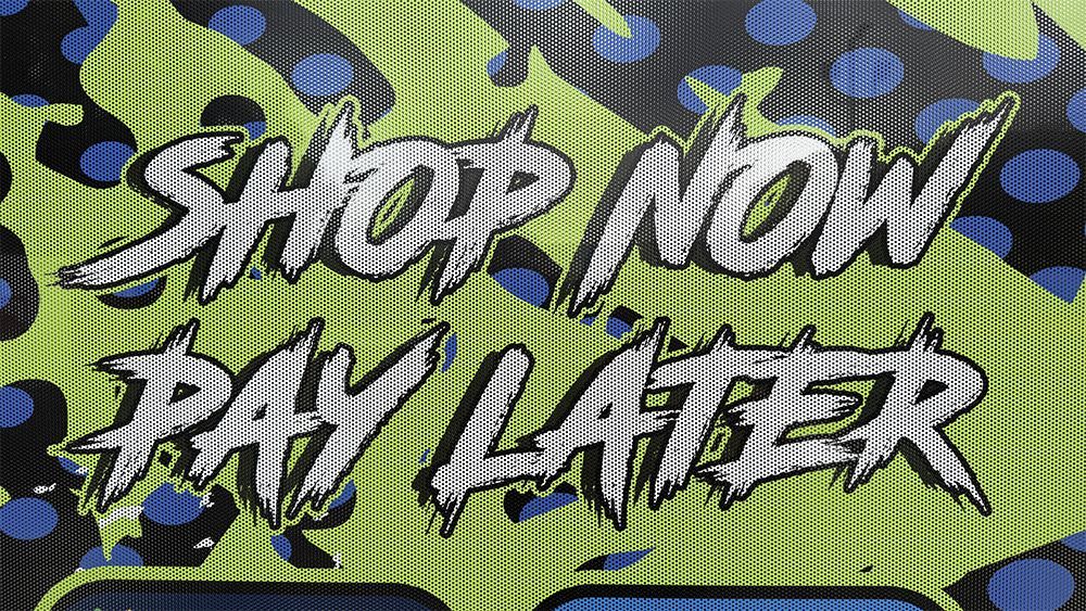 “Shop Now, Pay Later” text on a blue, green, and black graffiti-style background