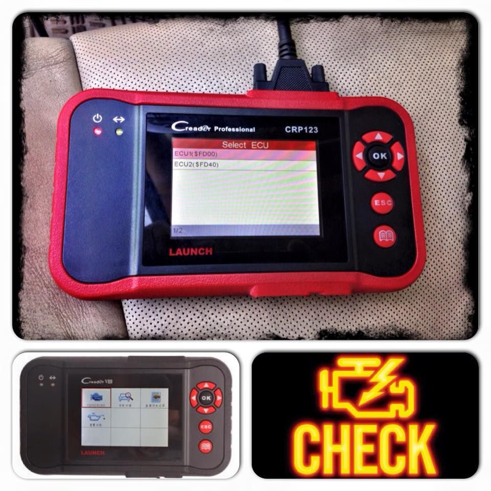 A red and black Launch CRP123 diagnostic scanner plugged into a vehicle, showing diagnostic menu screens and a check icon.