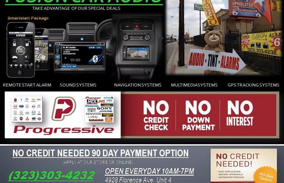 Advertisement for Fusion Car Audio featuring electronics, store details, and financing options for no credit needed.