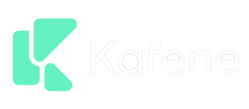 Mint green stylized “K” logo with faint white “Kafene” text on a white background