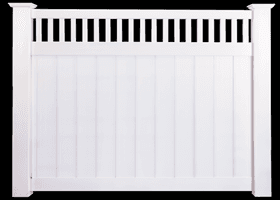White vinyl fence with vertical planks and upper slats.