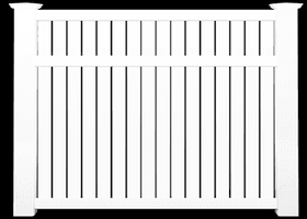White vinyl picket fence with vertical slats.