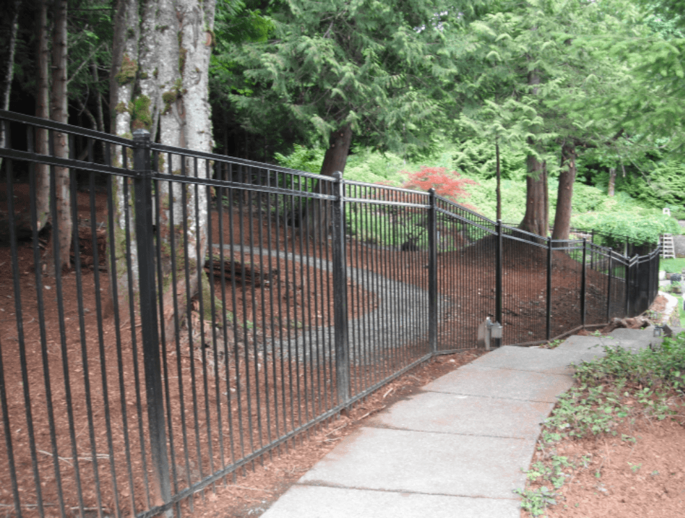 Black metal fence along a concrete path, trees and reddish-brown ground.