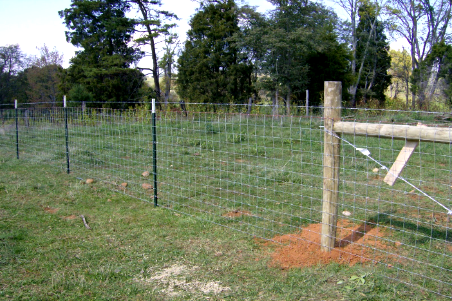 A wire fence with wooden and metal posts in a grassy field, trees in the background.