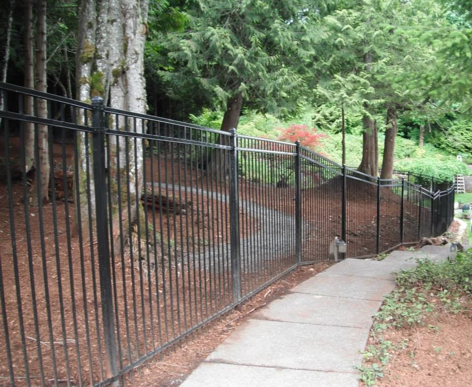 Black metal fence along a paved pathway in a wooded area, trees and greenery.