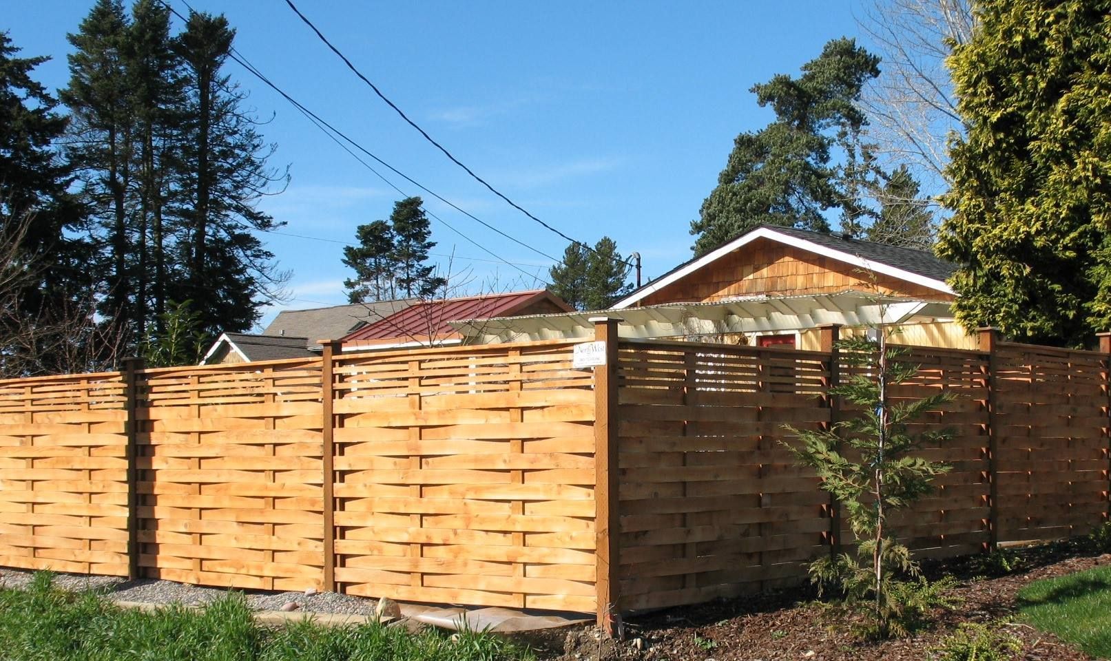Woven wooden fence encloses a yard, with a house visible beyond. Bright blue sky, green trees.