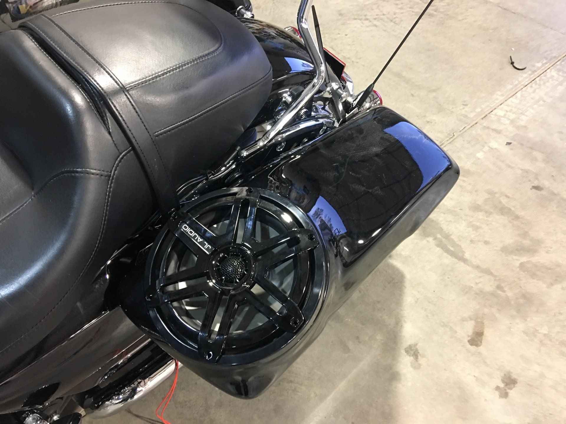 JL Audio Marine Speakers in Sidebags of black motorcycle