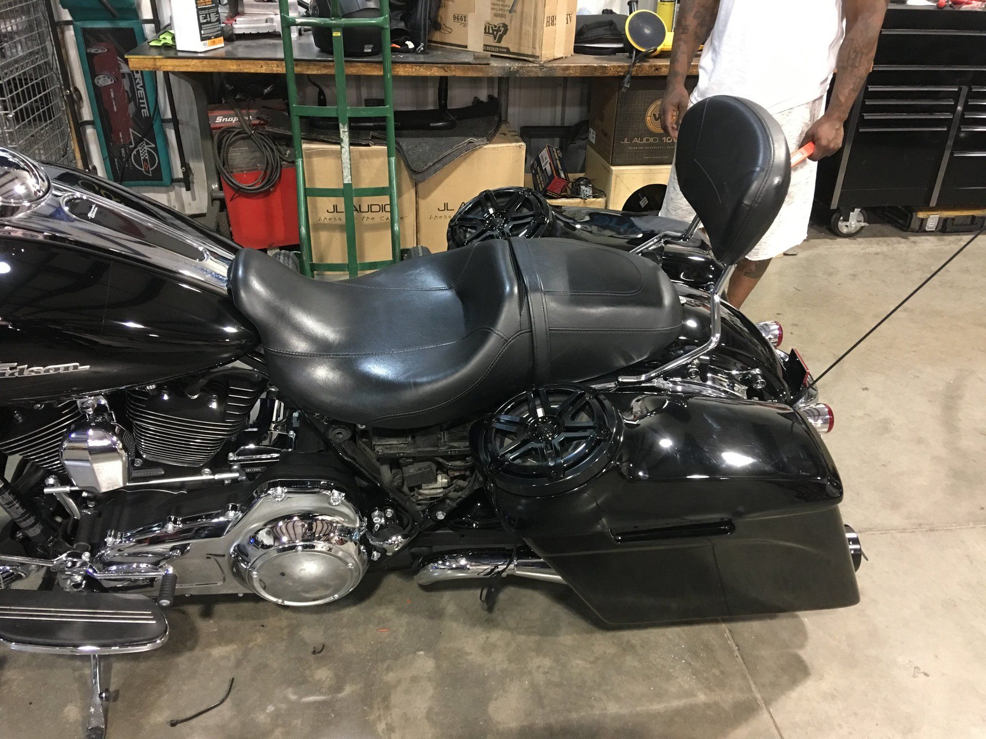 JL Audio Marine Speakers in Sidebags of black motorcycle