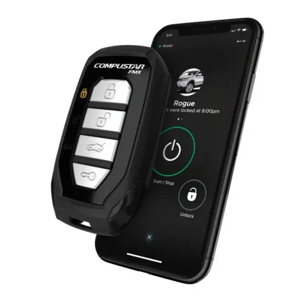 Smartphone app controlling a black Compustar car key fob with lock, unlock, and remote start buttons
