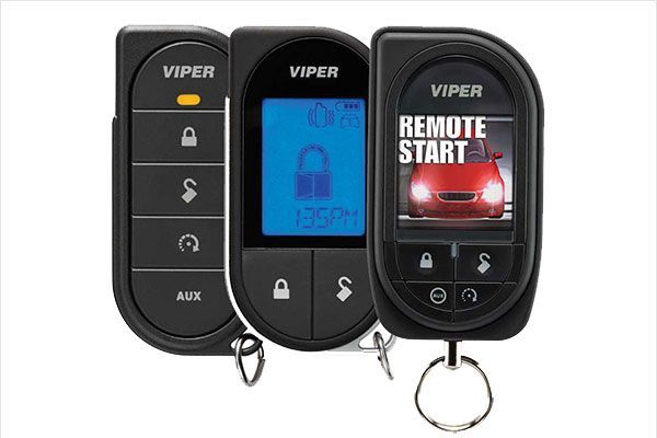 Three Viper remote car starter key fobs, including one with a red car display.