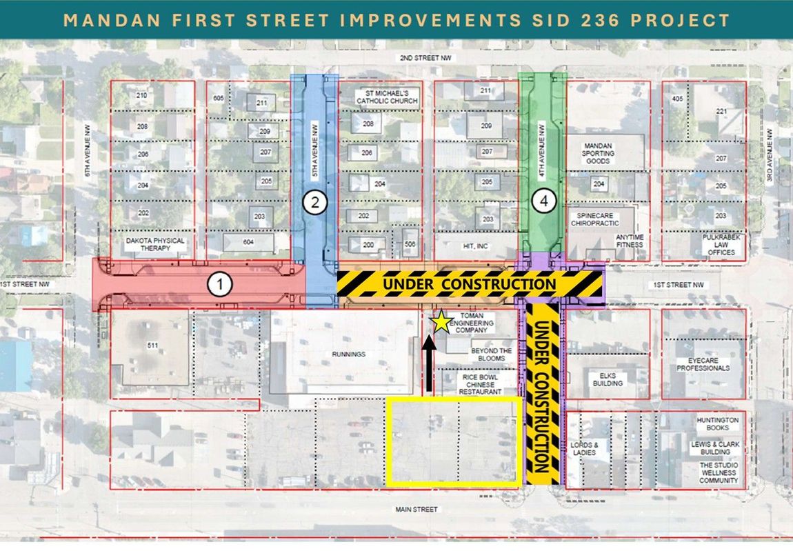 Map of Mandan First Street improvements with color-coded highlighted routes and intersections