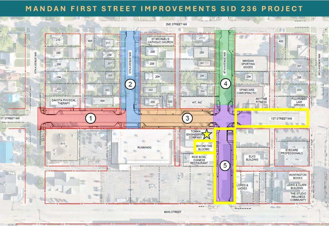 Map of Mandan First Street improvements with color-coded highlighted routes and intersections