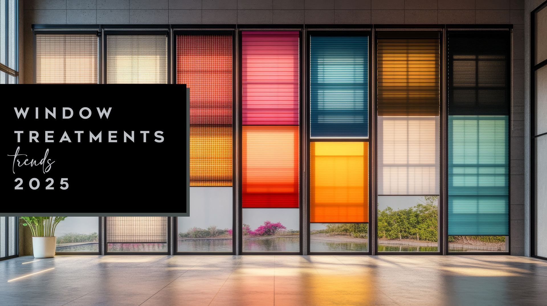 Window treatments display with colorful blinds and shades in a modern showroom.