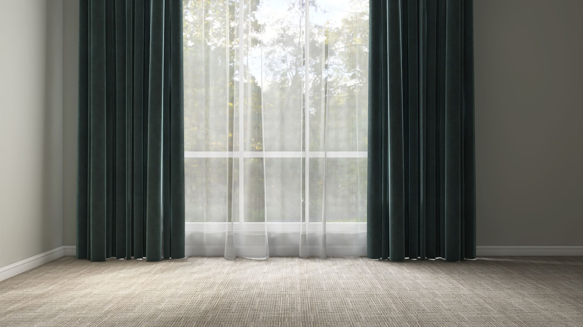 Empty room with green curtains and sheer white drapes over a bright window, carpeted floor