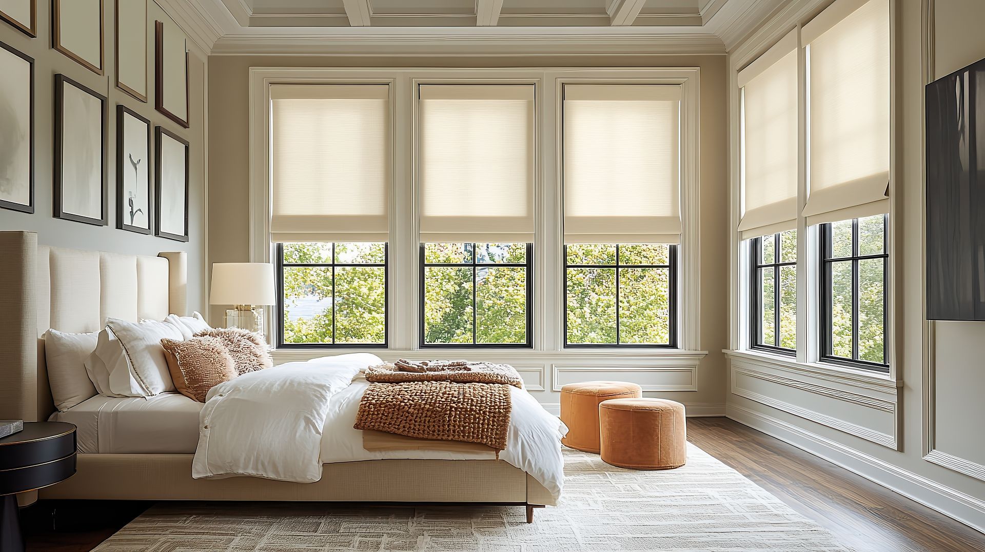 Elegant beige bedroom with a tufted bed, large windows, and mirrored walls