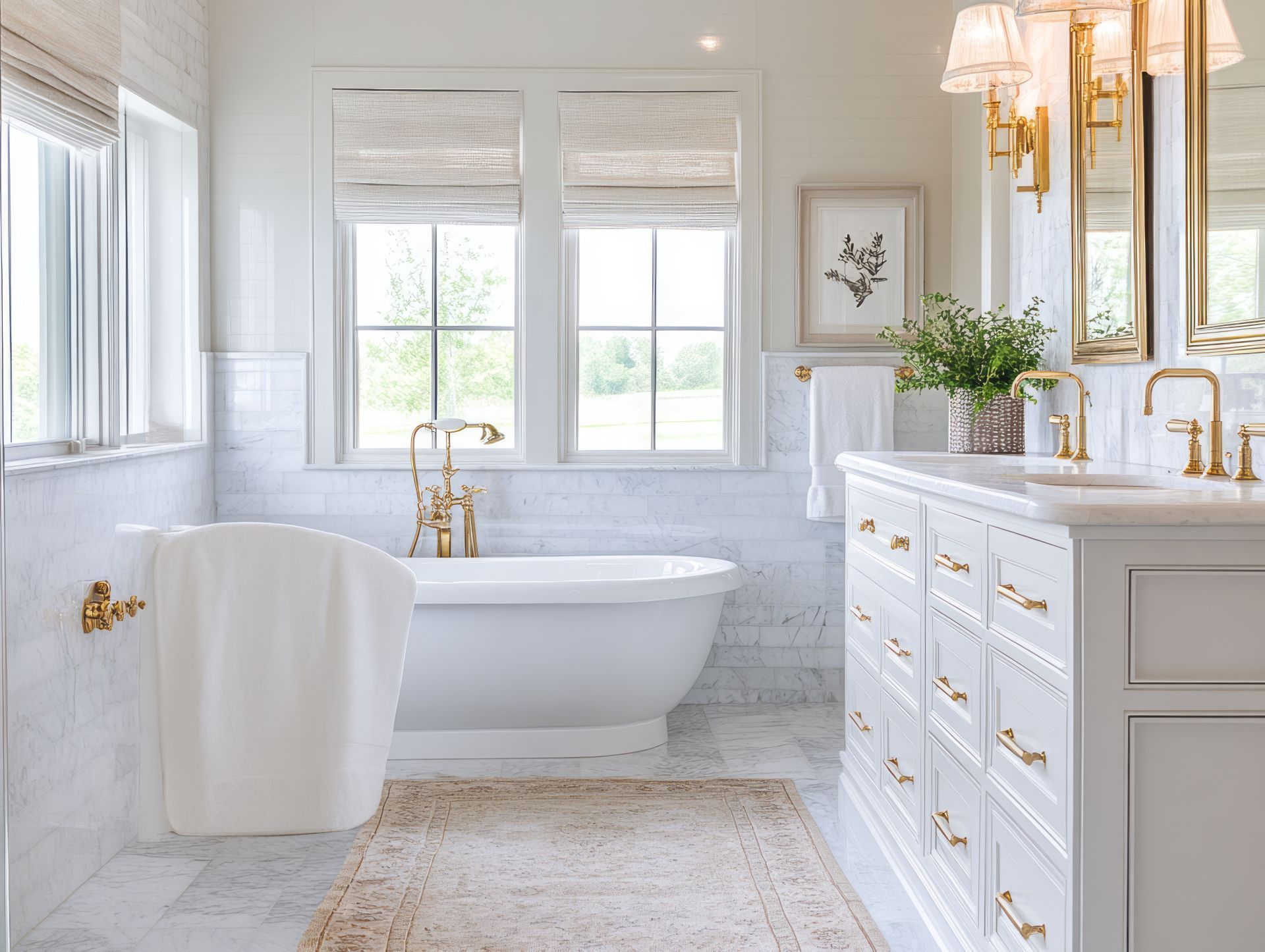 Elegant white bathroom with freestanding tub, marble vanity, brass fixtures, and bright windows