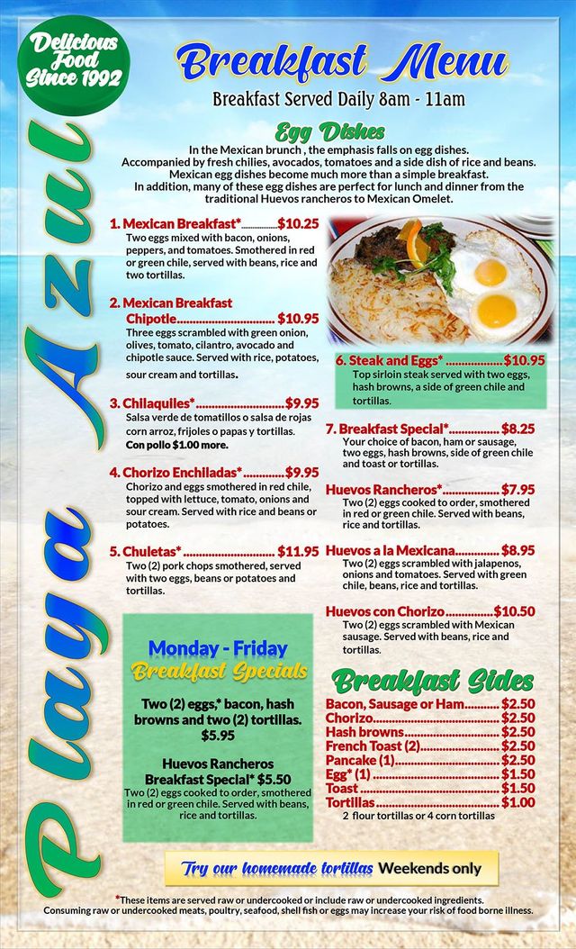 Playa Azul Breafast Menu Denver CO