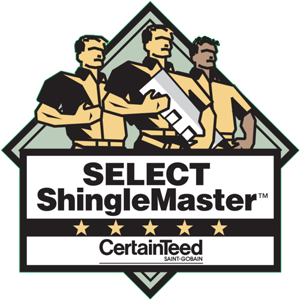 A logo for select shingle master shows three men standing next to each other