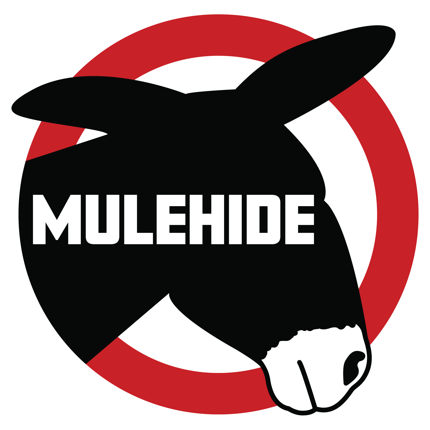 A donkey in a red circle with the word mulehide on it
