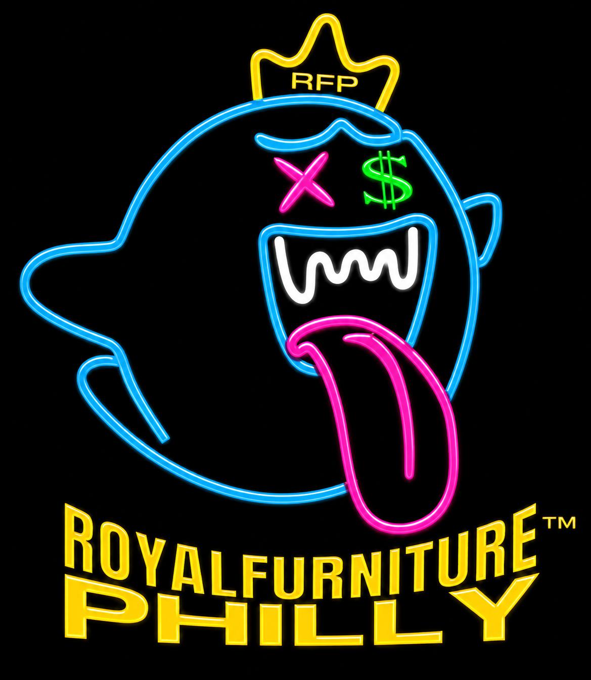 Neon ghost logo with crown and &ldquo;ROYALFURNITURE PHILLY&rdquo; text in blue, pink, yellow, and white