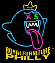 Neon ghost logo with crown and &ldquo;ROYALFURNITURE PHILLY&rdquo; text in blue, pink, yellow, and white