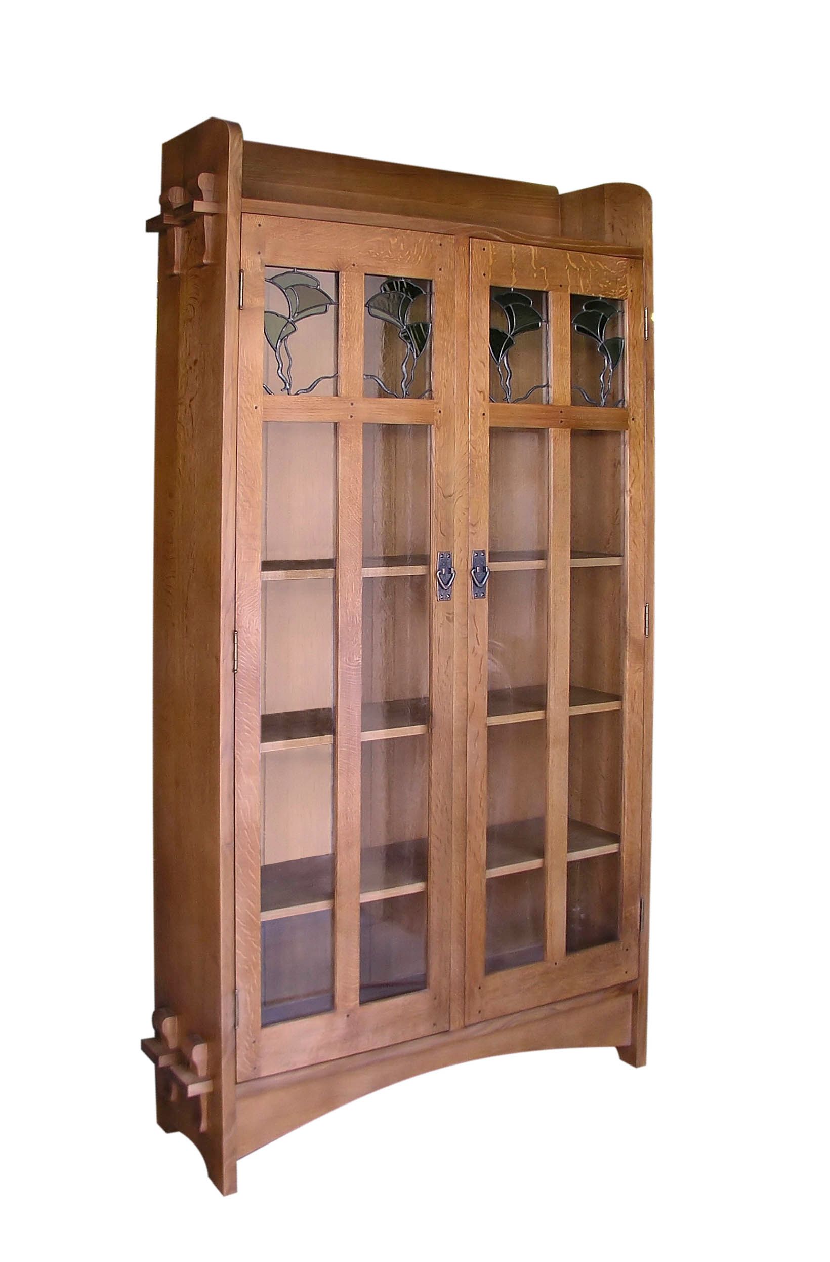 Wooden glass-front display cabinet with shelves and double doors, shown against a white background