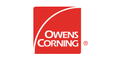 The logo for owens corning is a red square with a white arrow.